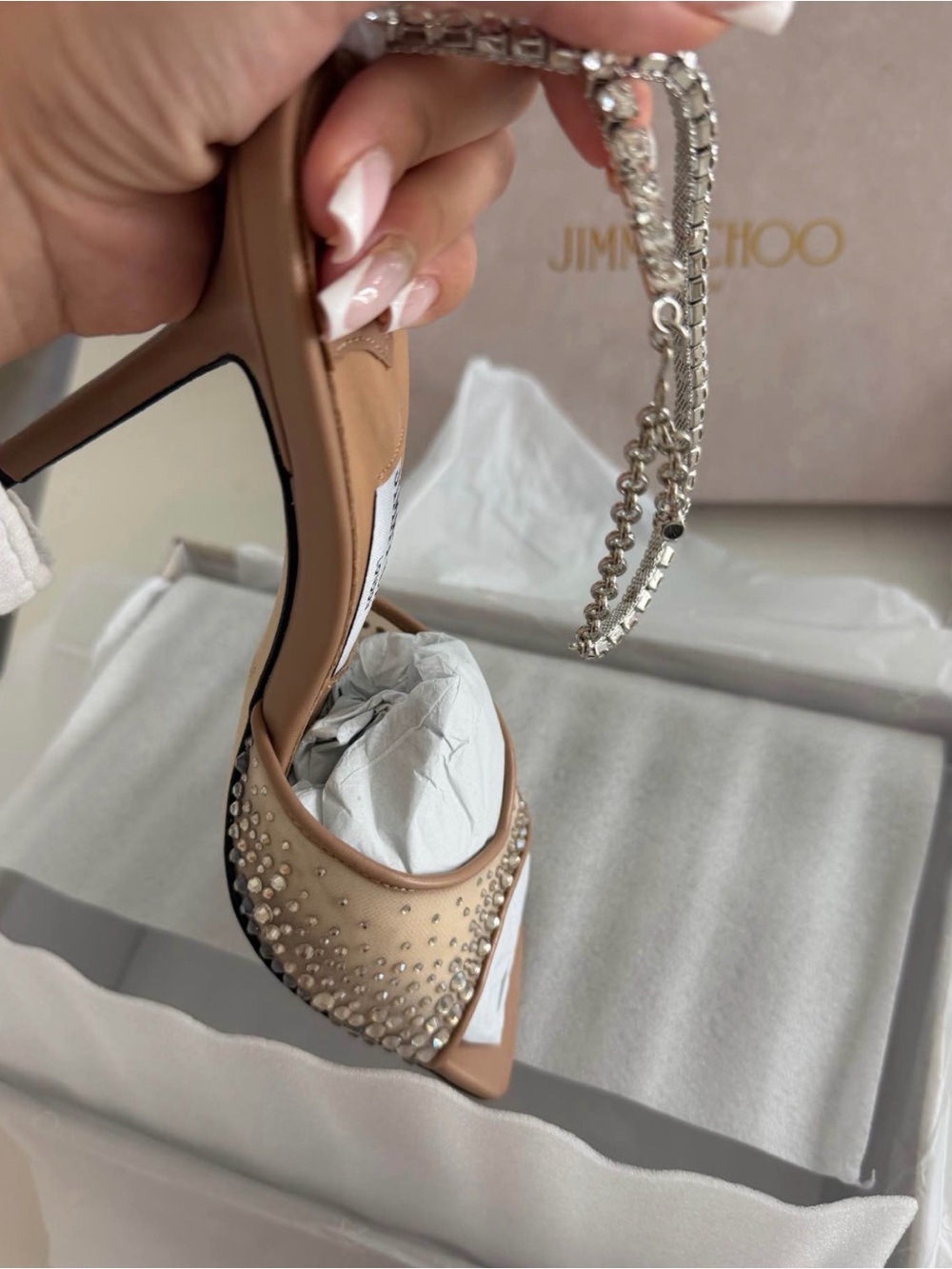 JIMMY CHOO Saeda 100 Crystal Embellished Leather Sandals Nude - Picture 2 of 2